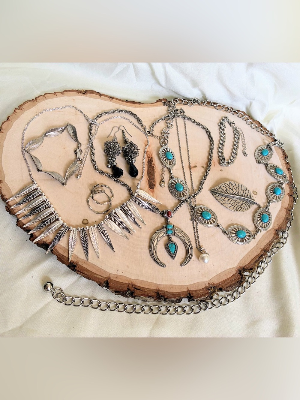 Western Style Silver tone jewelry bundle with faux turquoise stones and feather